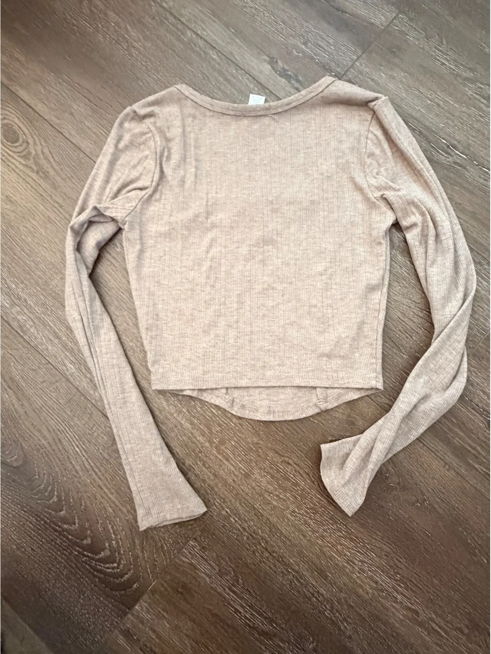 Bozzolo Ribbed Long Sleeve Crop Top Beige Scoop Neck Fitted Size Small